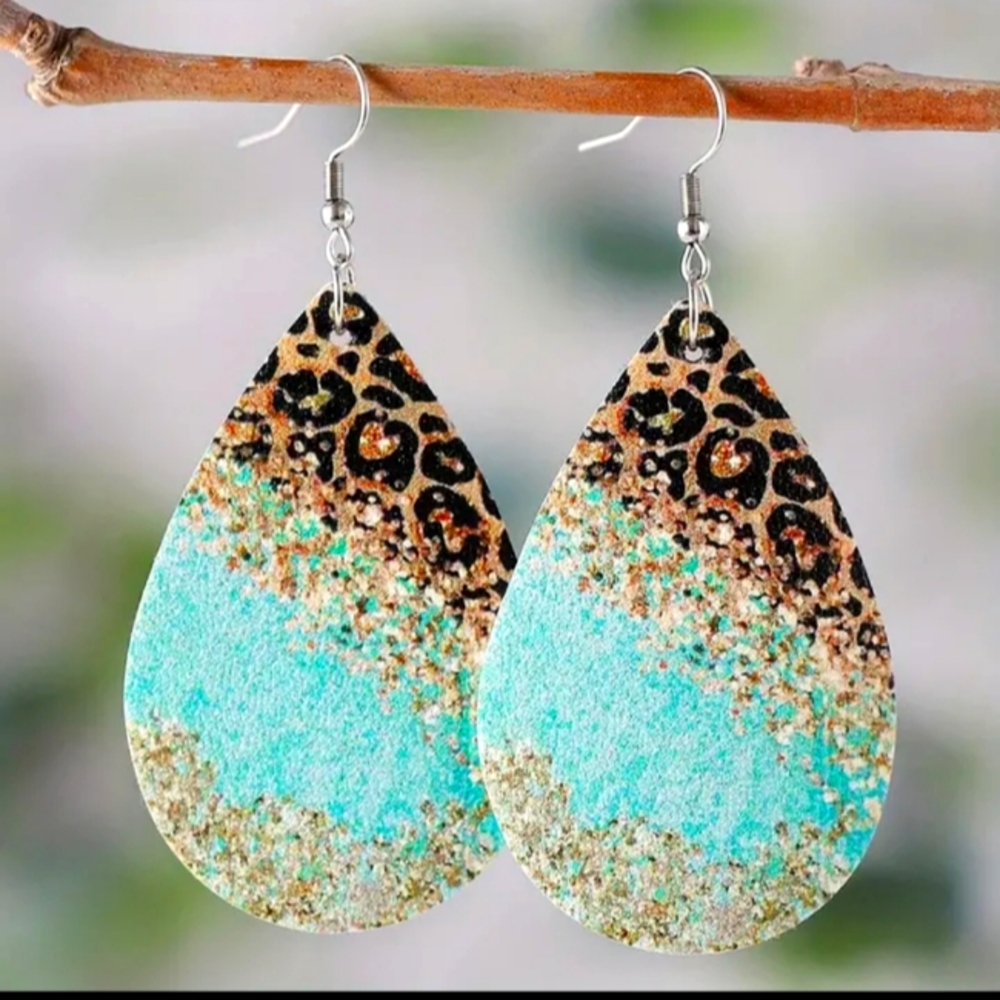 Blue&Leopard Striped Water Drop faux Leather Earrings